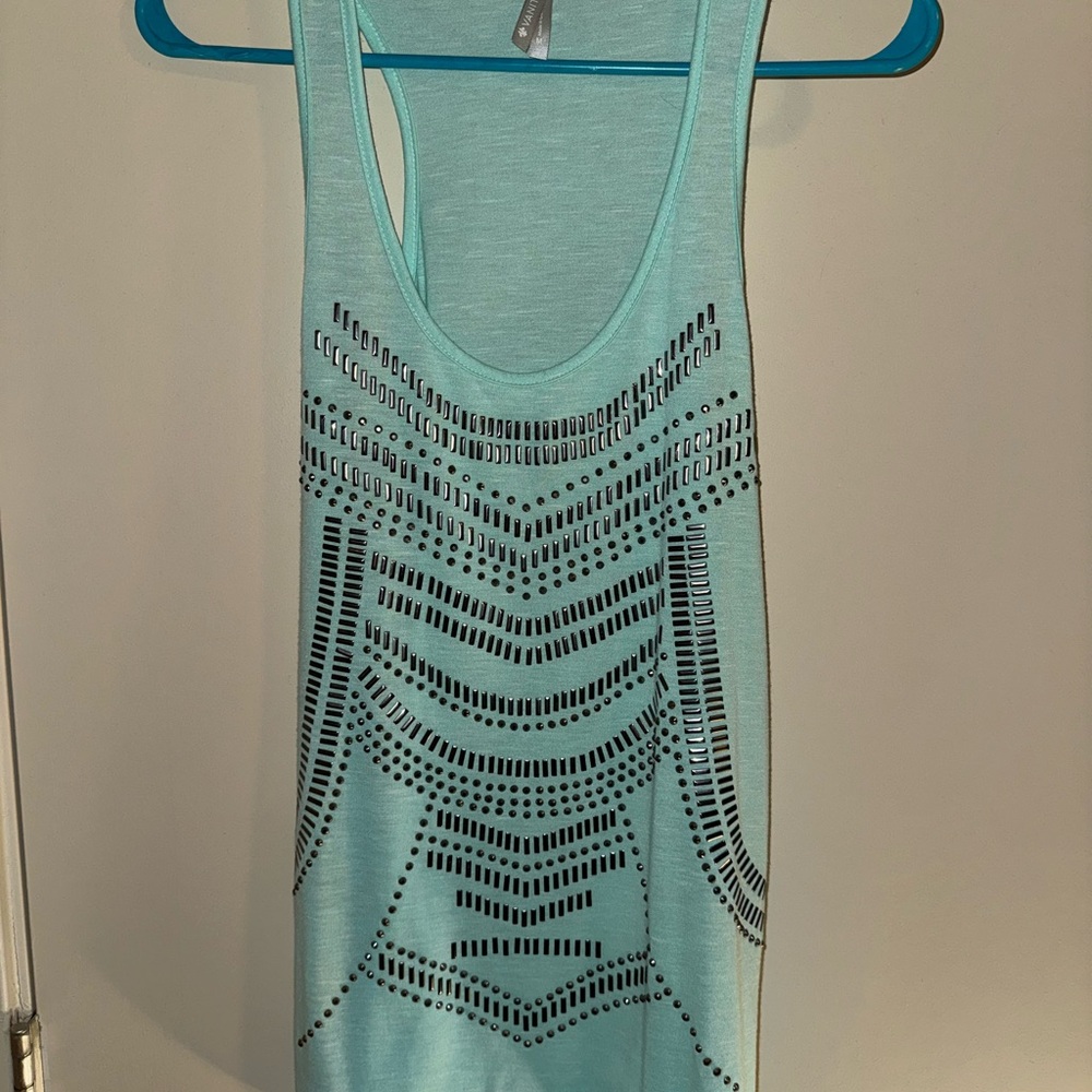 Green Sleeveless Tank Top with Graphic Design and Embellished Details